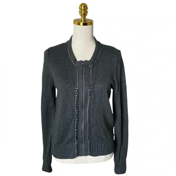 MICHAEL KORS | Women’s Zip-Up Dark Gray Chain Embroidered Cardigan Size M - Picture 1 of 8